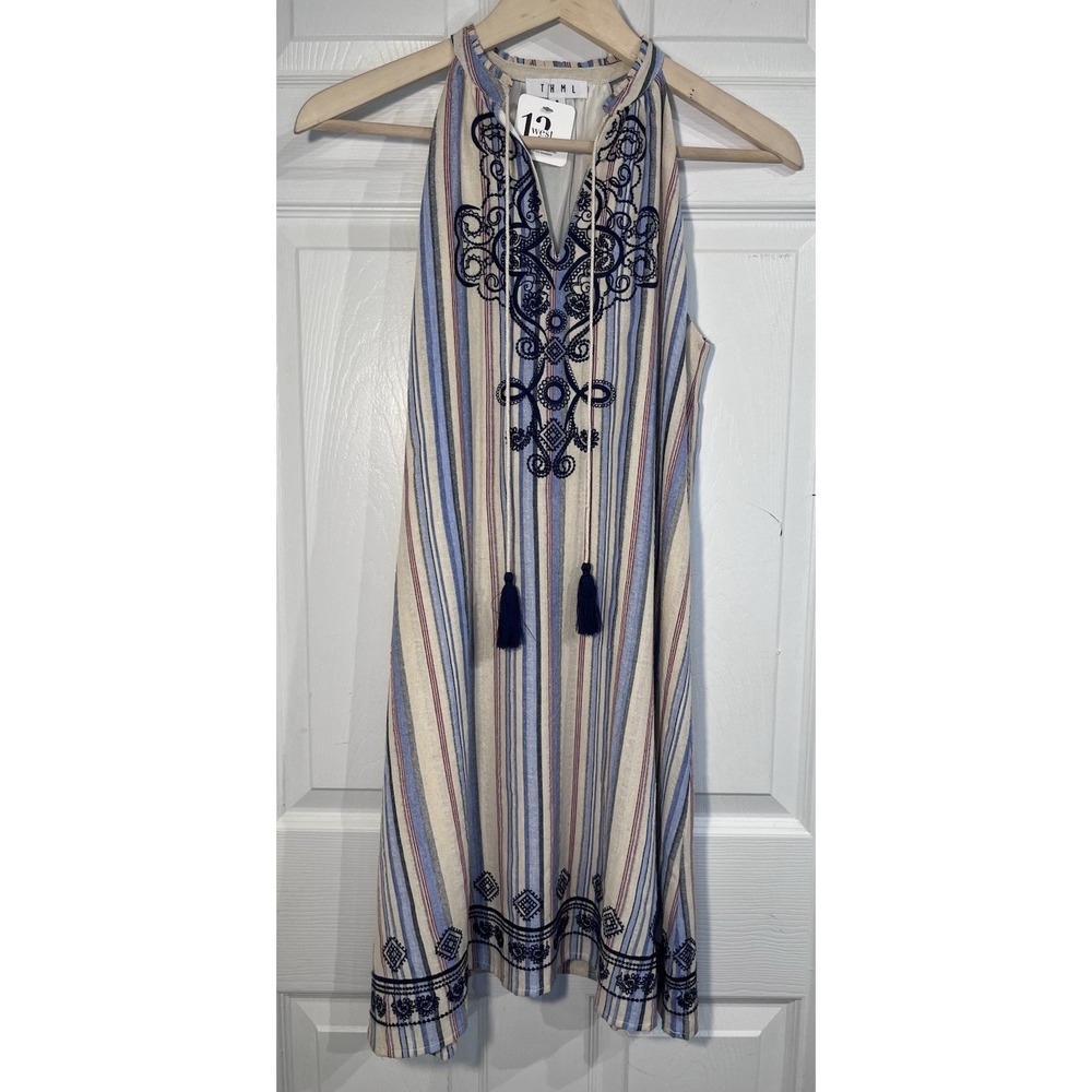 NWT THML Sz S Striped Sleeveless Shift Dress Lined Boho Tassel Coastal Beach